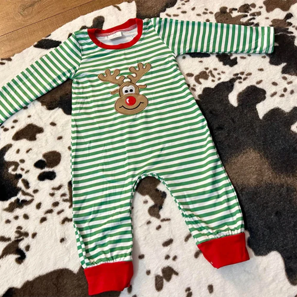 

Baby Boys Christmas Deer Reindeer Romper Green Stripe Long Sleeves Baby Boy Holiday Outfit