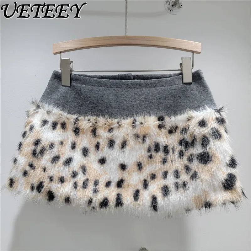 Vintage Leopard Print Furry Patchwork Low Waist Short Skirt Autumn Winter New Hot Girl Bodycon Letter Subculture Mini Skirts