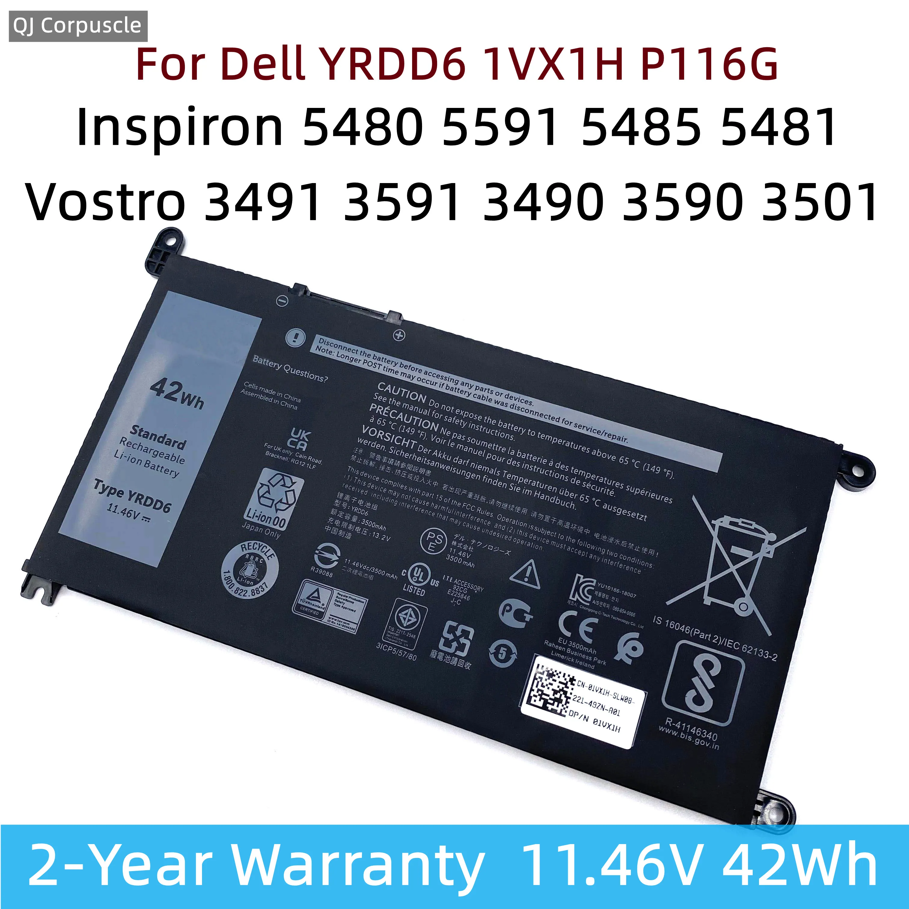 New YRDD6 42W Battery For Dell Inspiron 5481 5482 5485 5491 5591 5485 5585 5480 Vostro 3491 3591 3490 3590 3501 1VX1H P116G P93G