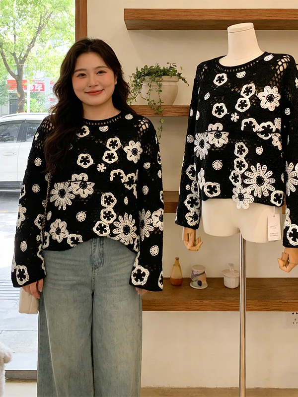 

Loose Long Sleeve Knitted Sweater Women's Korean Style Hook Flower Design Spring 2026 New Fashion plus Size Top