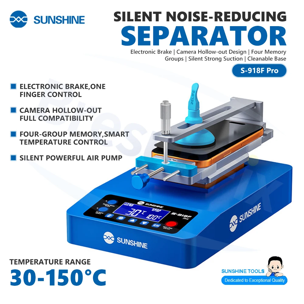 

Многофункциональный бесшумный сепаратор экранов SUNSHINE S-918F Pro с вырезом для камеры для ремонта и разделения экранов мобильных телефонов