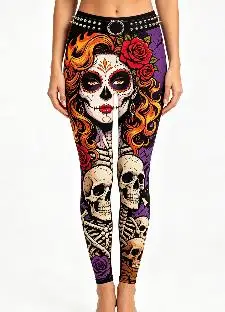 Women Mid‑Rise Fleece Lined Leggings, Day of the Dead Sugar Skull Lady Rose Skeleton Print Slim Stretch Pants