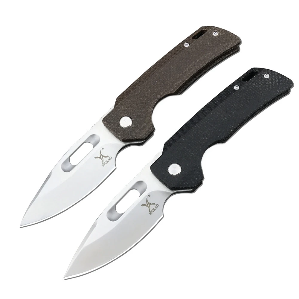 HUAAO GC002 Folding Knife Camping EDC Hiking Knives Outdoor Survival Hunting Knife 8Cr13Mov Blade Black/Brown Linen Handle