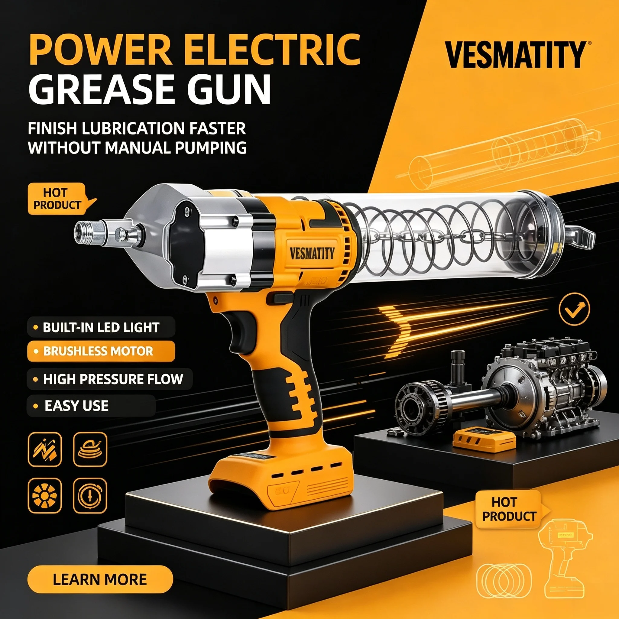 VESMATITY Electric Grease Gun High-Pressure Fully Automatic Oil Injector Fat Machine for 18V Battery