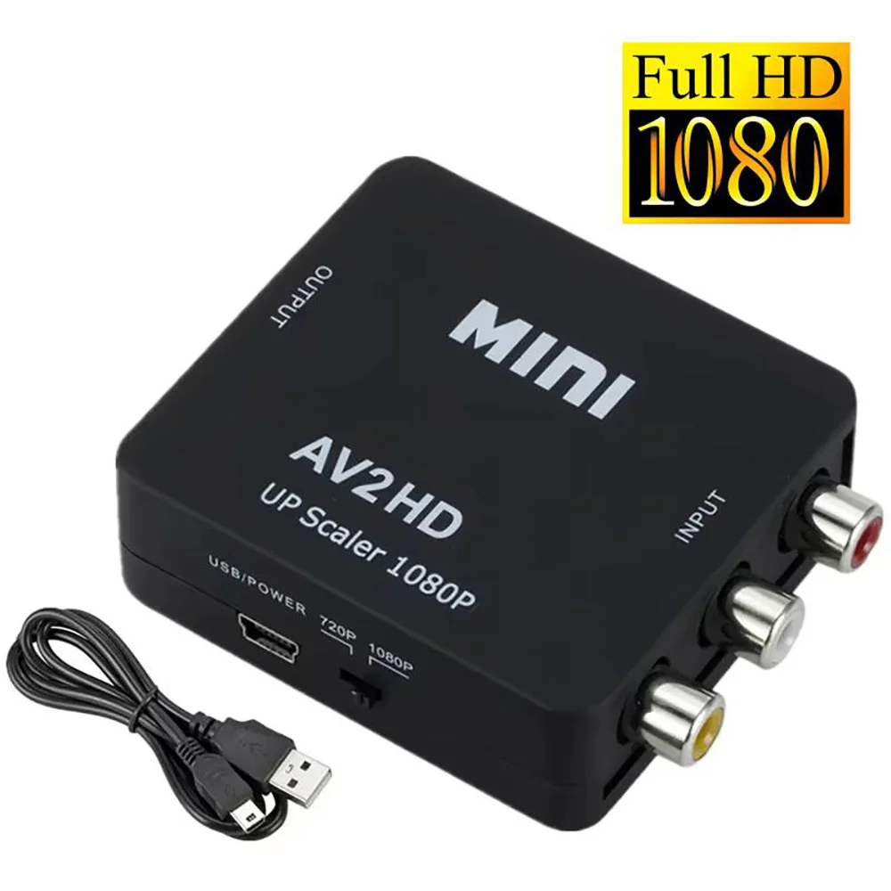 Conversor Mini AV para HDMI 1080P, Adaptador RCA CVBS para HDMI, Conversor de Vídeo e Áudio AV2HD para VCR, DVD, PS3, TV Box para TV HD