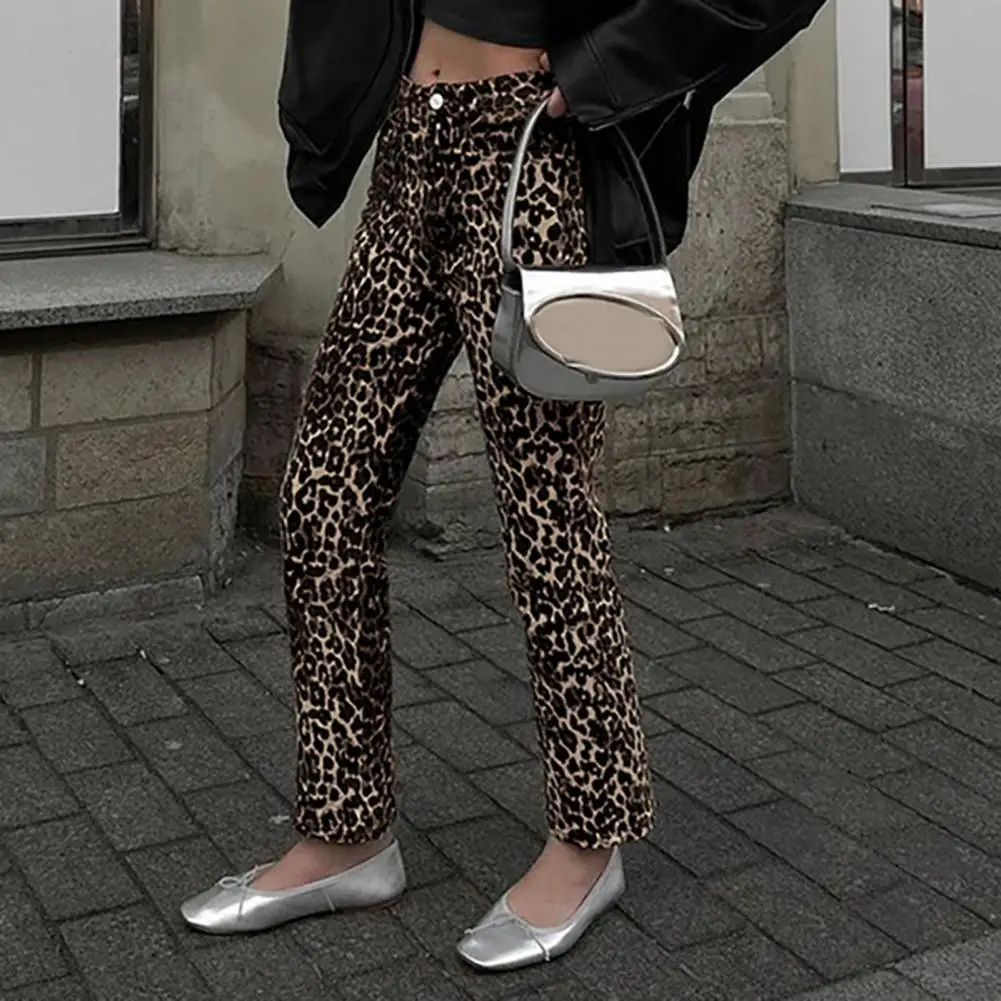 Sexy leopardo estampa justa calça lápis feminina, calça casual de cintura alta, moda primavera, verão, 2024