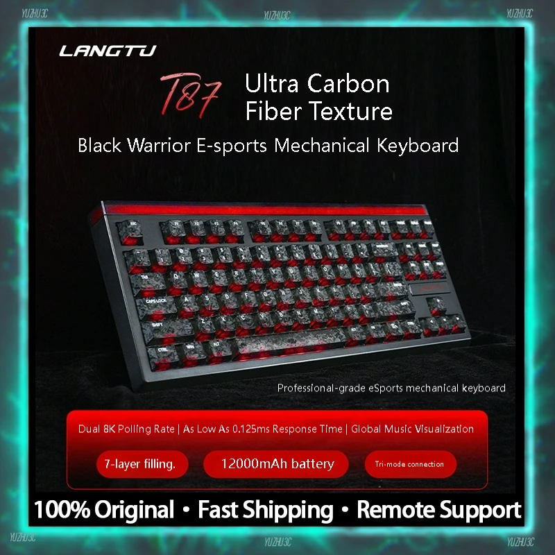 

Беспроводная игровая клавиатура LANGTU T87 TKL с карбоновыми кейкапами, двойной частотой опроса 8 кГц, аккумулятором 12000 мАч, беспроводным подключением 2.4G, поддержкой Gasket, SOCD, TGL, MT