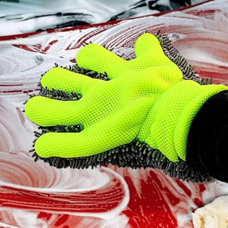 Soft Scratch-Free Chenille Microfiber Cleaning Gloves 5-Finger Reversible Coral Velvet Scrubber Gloves Car Cleaning Tools