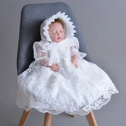 Long White Baby Girls Dresses Baptism Baby Girl 1 Year Birthday 2pcs Baptism Clothes Christening Gown RBF184016