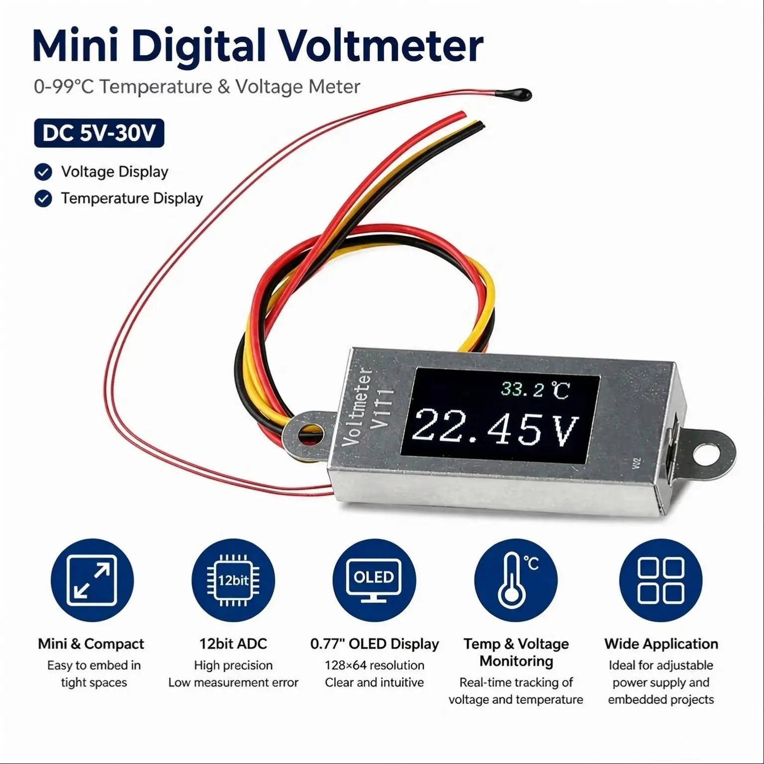 Ultra mini 0.77-inch Digital Voltmeter with Temperature Display DC 0-30V Voltage Meter 0-99℃ for DIY Industrial Embedded System