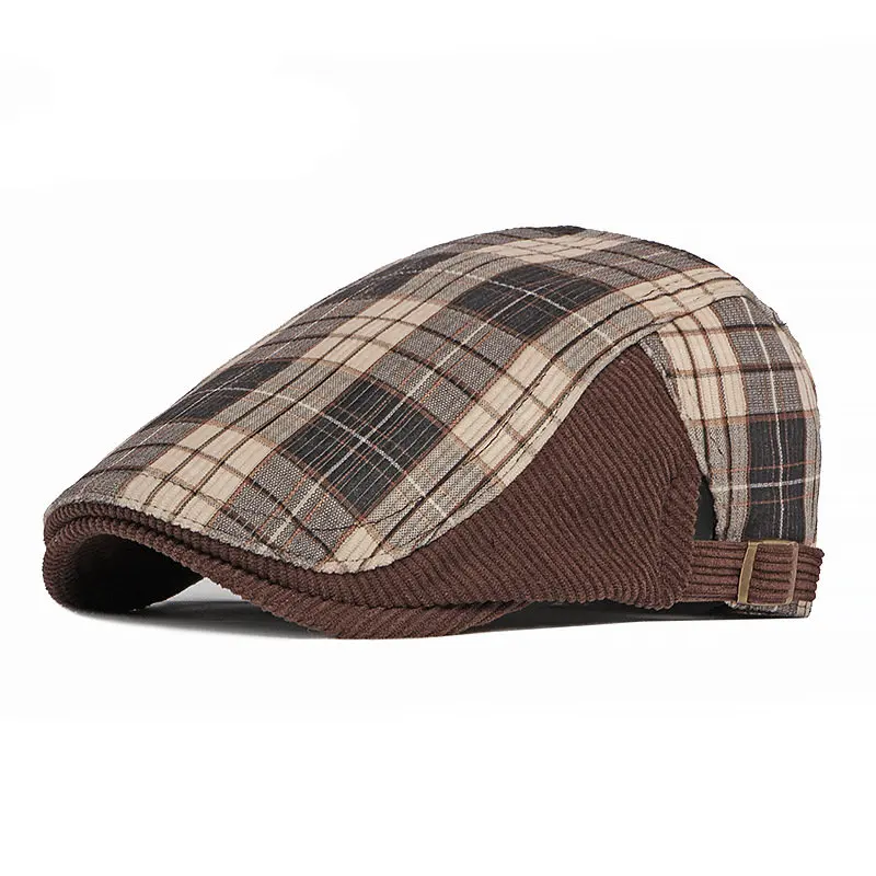 Four Seasons Cotton Plaid Print Thicken Newsboy Caps Flat Peaked Cap Men and Women Painter Beret Hats 03