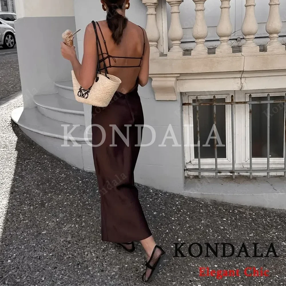 Kondala senhora na moda sexy cetim cami vestido sem costas magro vestido longo 2026 primavera verão férias jantar festa senhora suspender vestido
