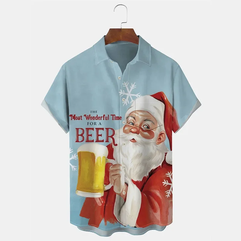 Men Vintage Funny Santa Claus Beer Print Cuban Collar Short Sleeve Shirt Loose Button Up Christmas Holiday Casual Tops