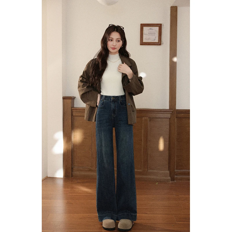 

ALXNAN Blue Wide-leg Jeans Women Vintage Straight Casual Cotton Baggy Jeans Autumn Winter Office Lady Denim Pants Female L57767