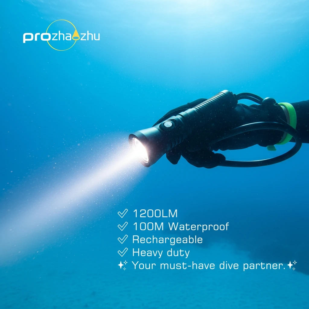 PROZHAOZHU DL-B70 1200LM Diving Flashlight IP68 100M Waterproof Rechargeable Underwater Torch