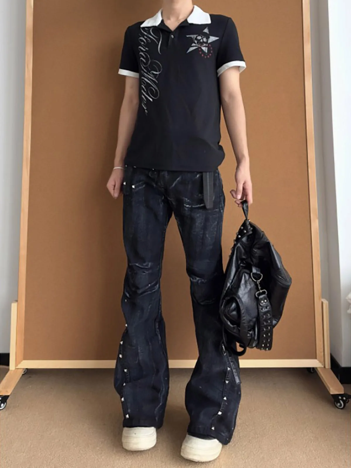 American Style Spray Painted Faded Knife  Wide Leg Jeans Men Women High Street Rivet Design Drapey Autumn Straight Cut Tr...