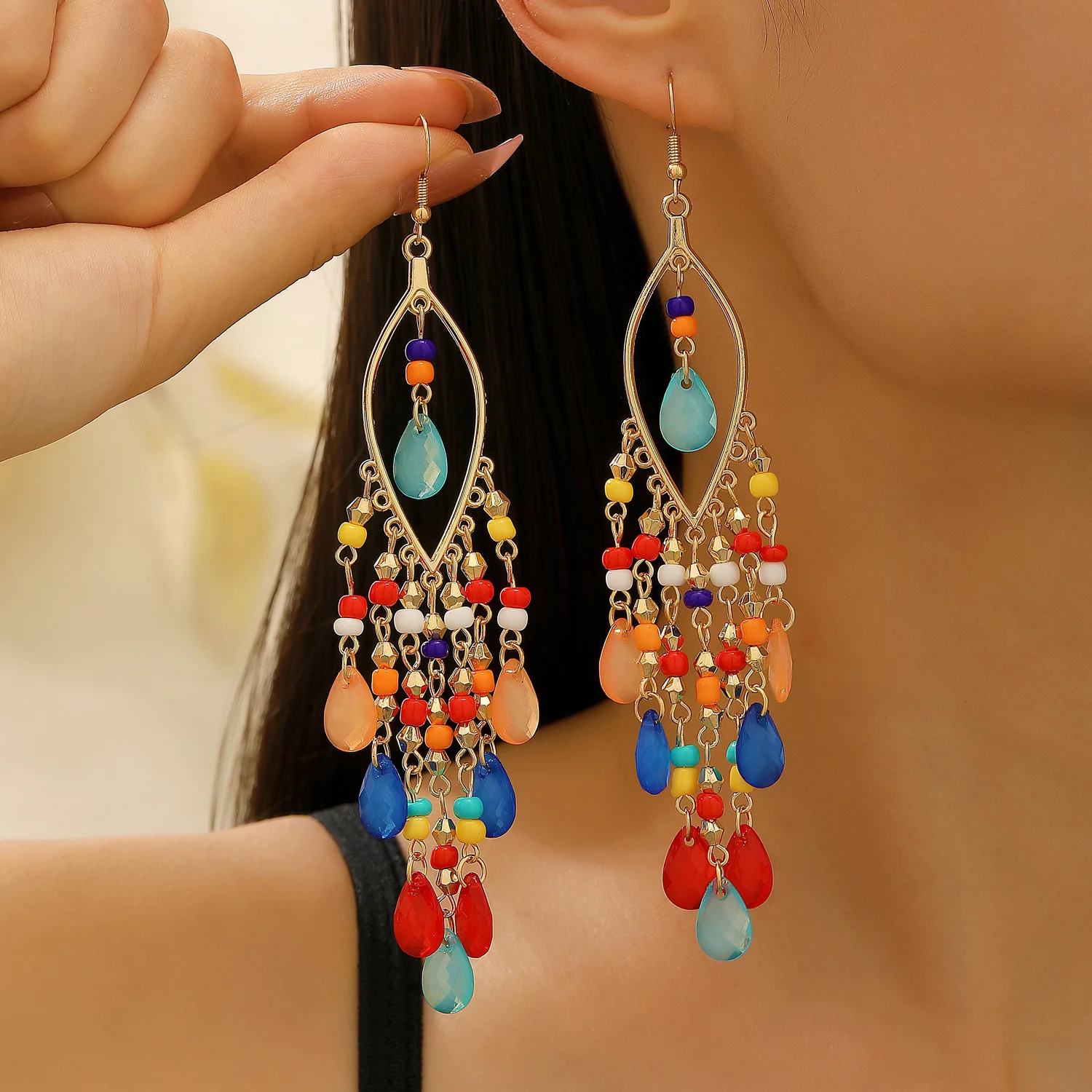 

2025 Earrings Fashion Long Tassel Geometric Shape Earrings For Women Ethnic Style Simple Temperament Versatile Jewelry Gifts