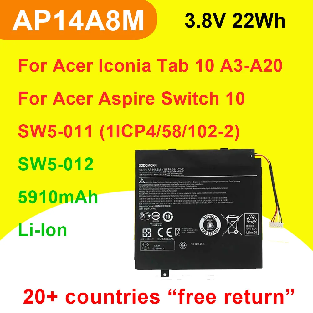 For Acer Aspire Switch 10 SW5-011 SW5-012 Series AP14A8M Laptop Battery 3.8V 22Wh Compatible with Lcoia Tab 10 A3-A20 A3-A20FHD