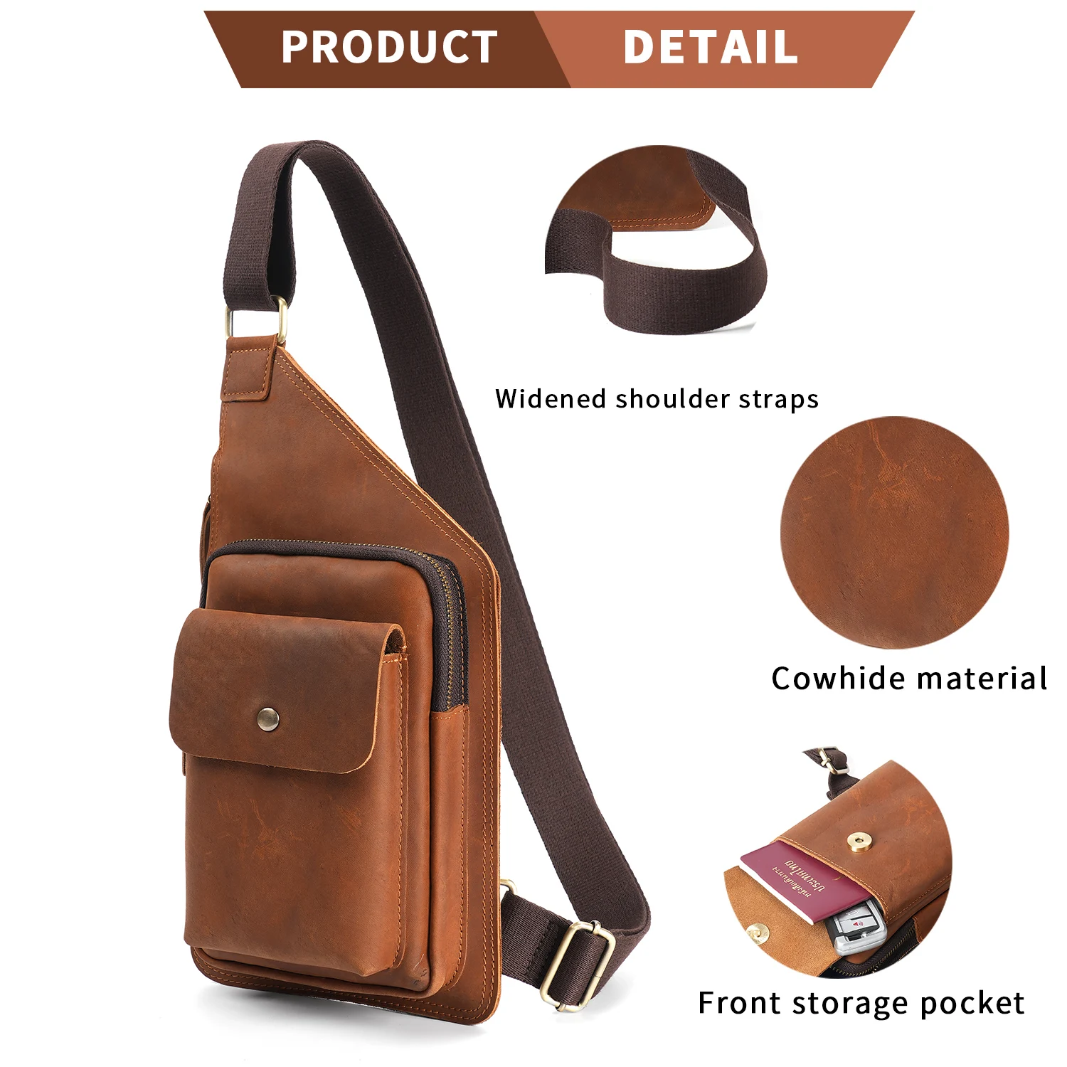 YATBEST Men's Crossbody Bag Leather Daily Commuter Large Capacity Retro Shoulder Bag Multi Pocket Chest Bag