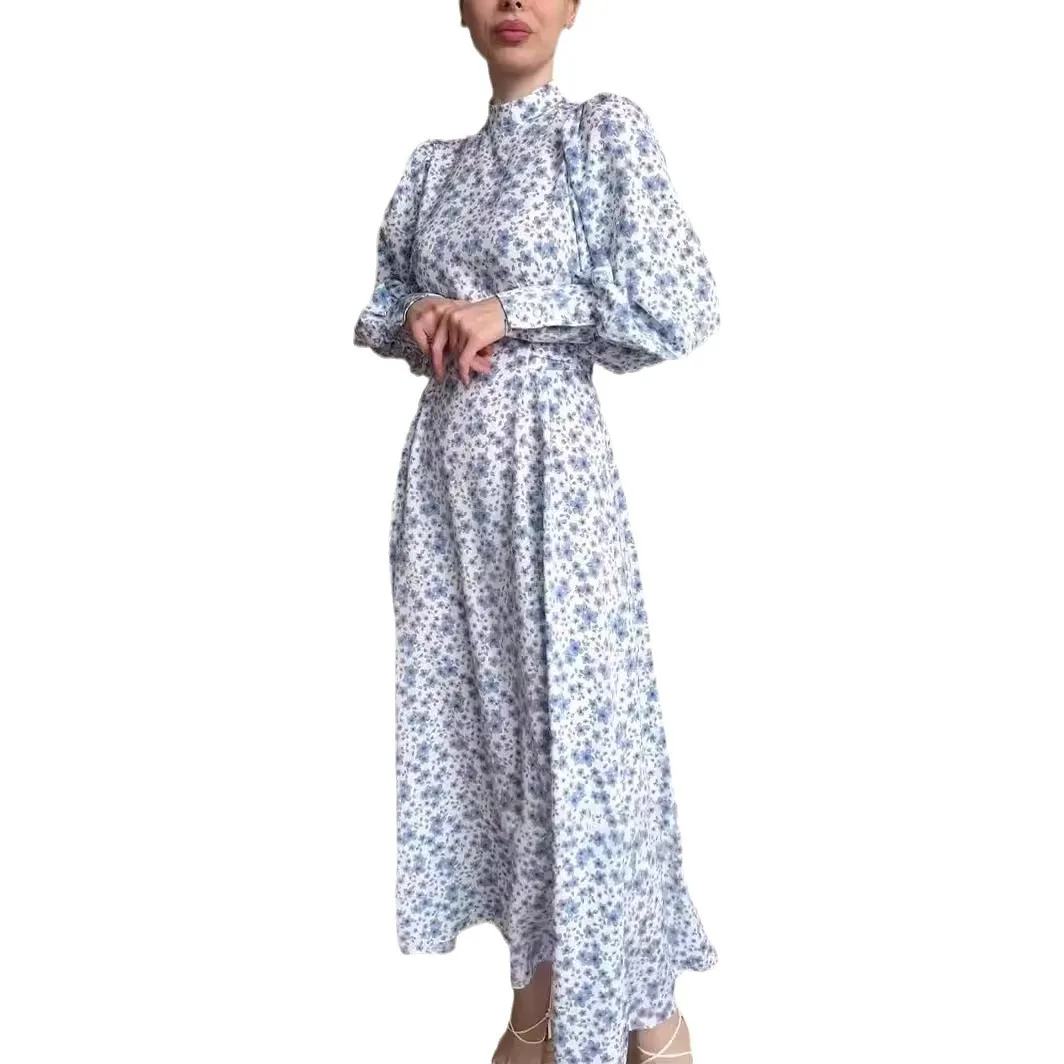 Print Satin Dress for Women Loose Lace-up Islamic Clothing A-line Long Dress Spring Dubai Abaya Turkey Arabic Muslim Dress Women