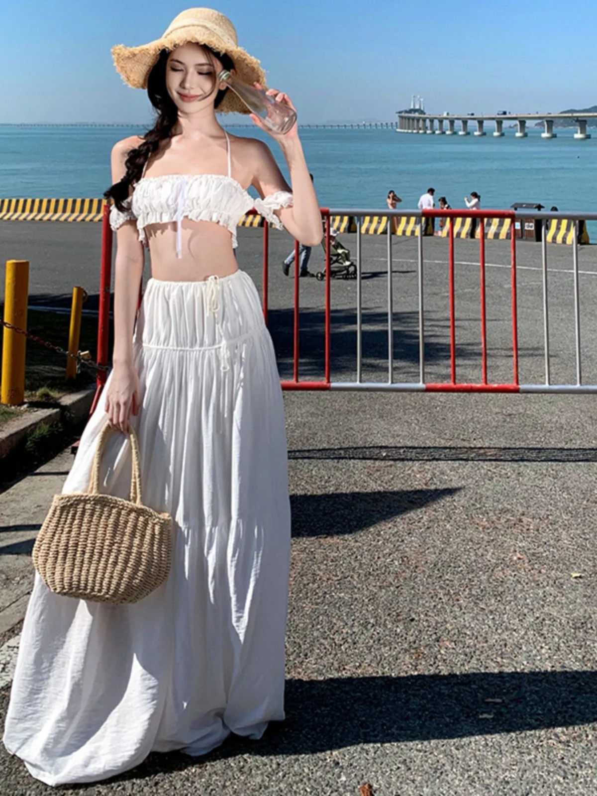 

Sweet Holiday Sle Белый комплект Travel Photoaphy Holiday Bubble Sve Топ f-длины Юбка Комплект из двух предметов Женская мода