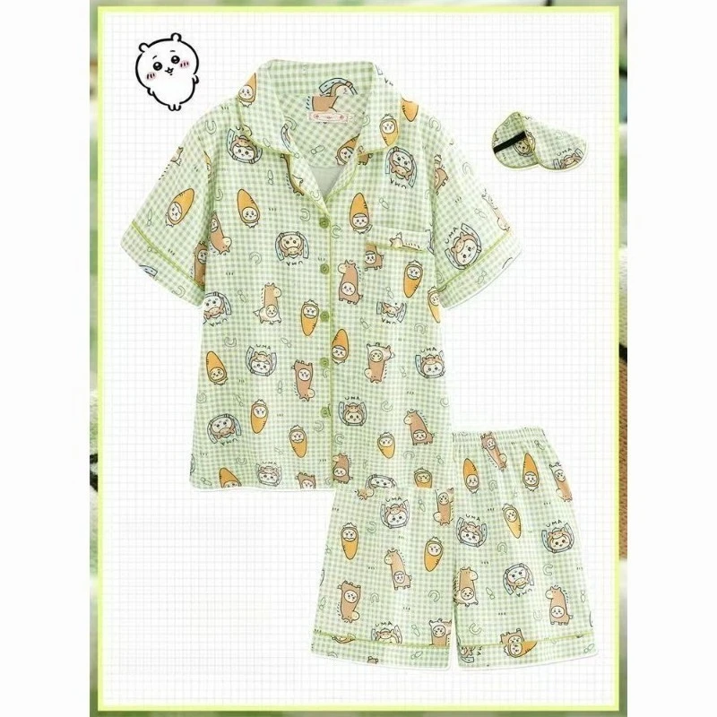 

Kawaii Chiikawa Pajamas Lounge Set Short Sleeve Shorts Green Plaid Cotton Thin Summer Soft Breathable for Girls Daily Use Gift