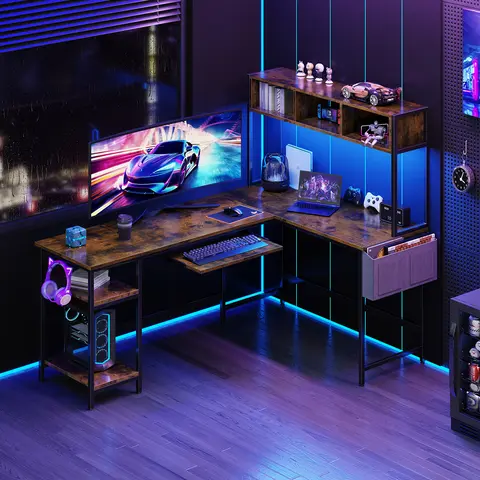 JHK 67" L Shaped Gaming Desk Corner Desks for Compact Spaces with Keyboard Tray Storage Shelf Reversible Computer Desk with LED Lighting Metal Frame PC Gaming Table for Home Office