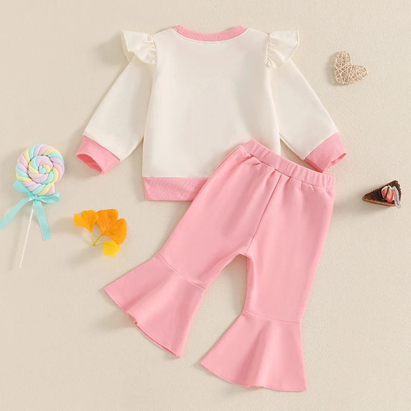 Valentine s Day Toddler Girls 2-Piece Outfits with Heart Print Ruffled Long Sleeve Sweatshirt and Flare Pants