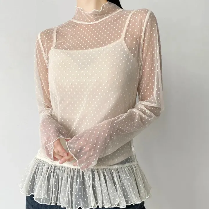 

Шикарный весенне-летний кружевной базовый топ в горошек, женский топ с высоким воротником, многослойный топ с подшивкой Me, повседневный длинный све