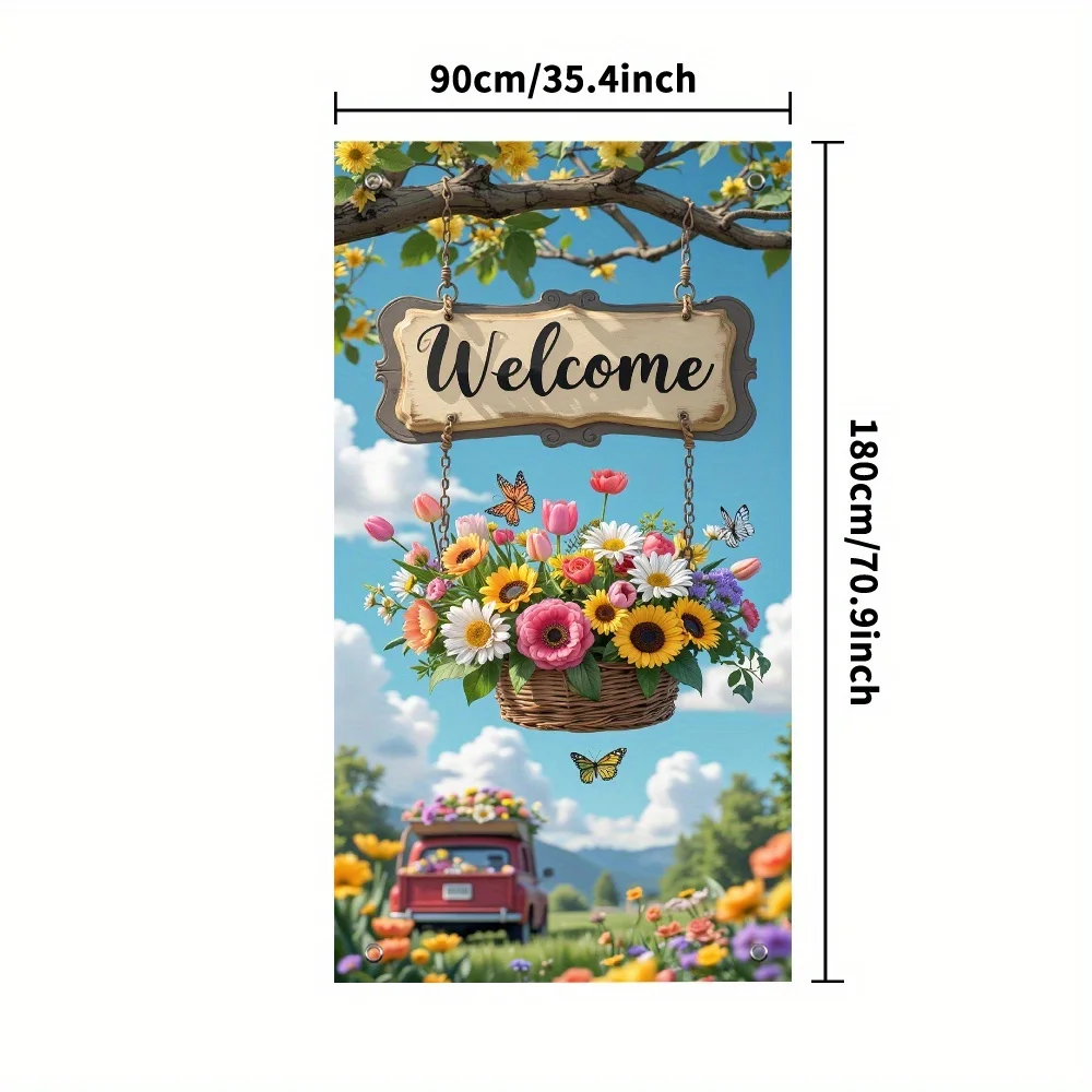 1pc Spring Welcome Bicycle Party Banner Door Curtain Polyester Fabric for Classroom Decoration Wall Hanging Home Door