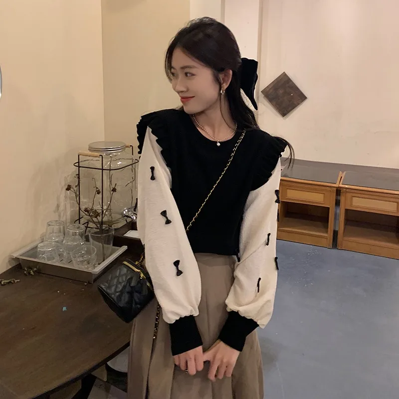 Vintage Patchwork Ruffles Knitted Sweater for Women Brown Sweet Bow O-Neck Pullover Korean Lantern Sleeve Top