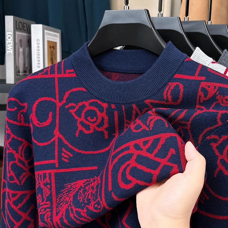 Light luxury brand men'sknitted warm sweater autumn winter fashion personalized graffiti design youth casual round neck pullover