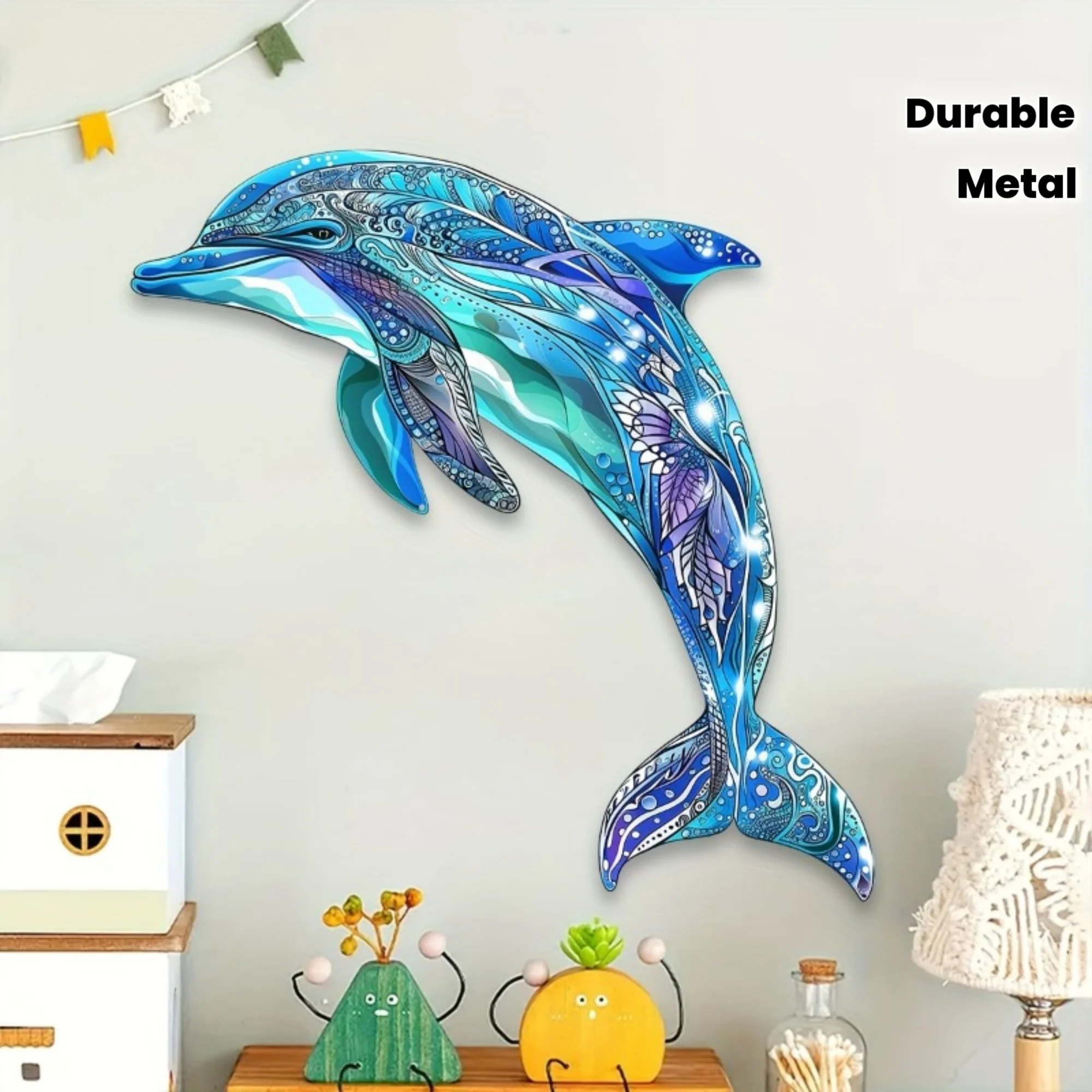 Langlebige Dekoration für Wohnzimmer, Schlafzimmer und Außenbereiche – Ideale Einweihungsgeschenke – Bunte Delfin-Wandkunst aus Metall