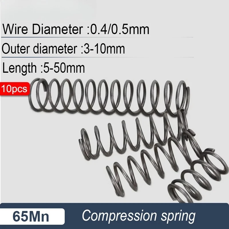 65Mn Spring Steel Compression Springs 0.4mm/0.5mm Wire Diameter 10pcs for Instrumentation, Equipment Repair & DIY Projects