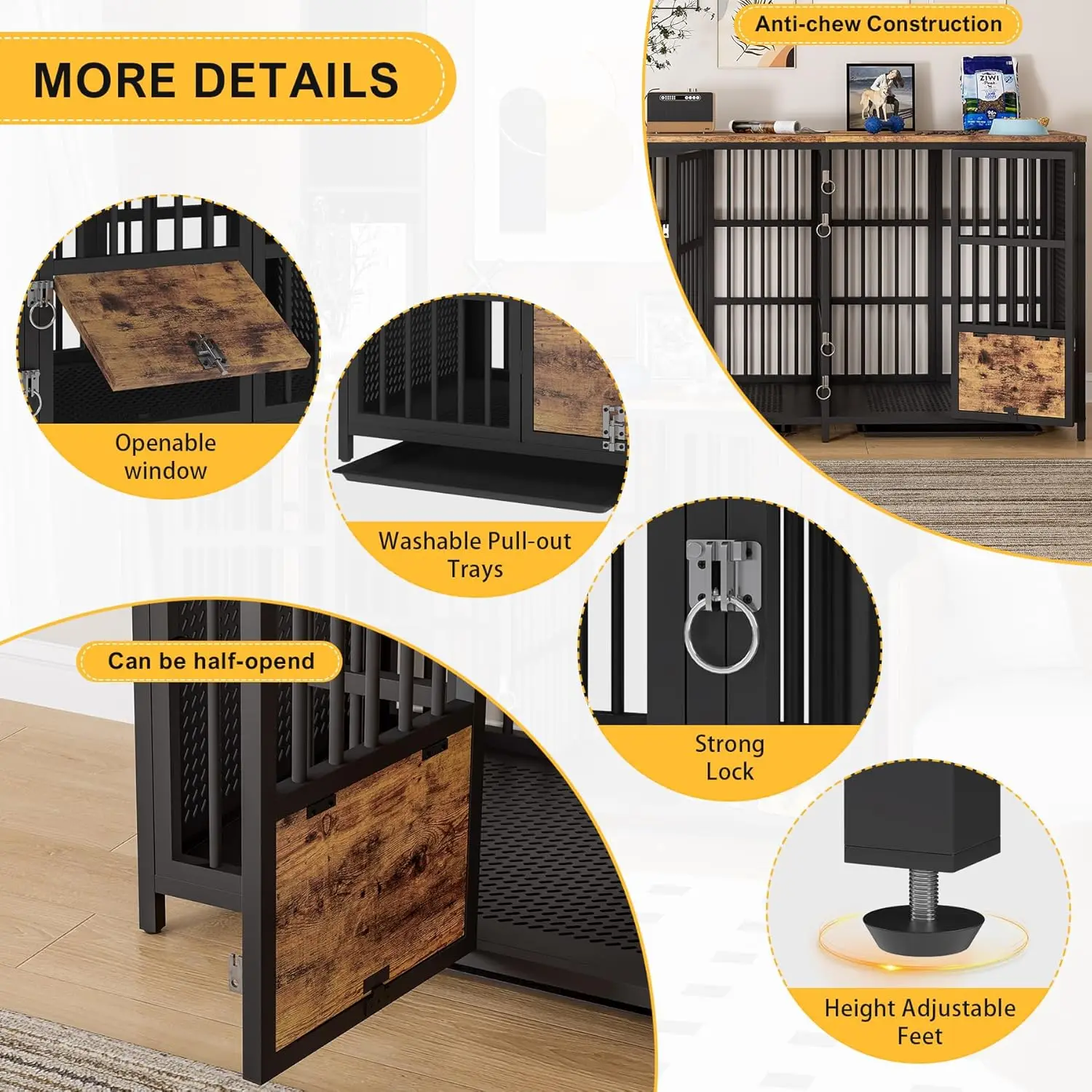 أثاث صندوق الكلاب، قفص كلب مزدوج عالي التحمل مقاس 63 بوصة مع مقسم، أثاث بيت كلب كبير جدًا مع صواني قابلة للإزالة
