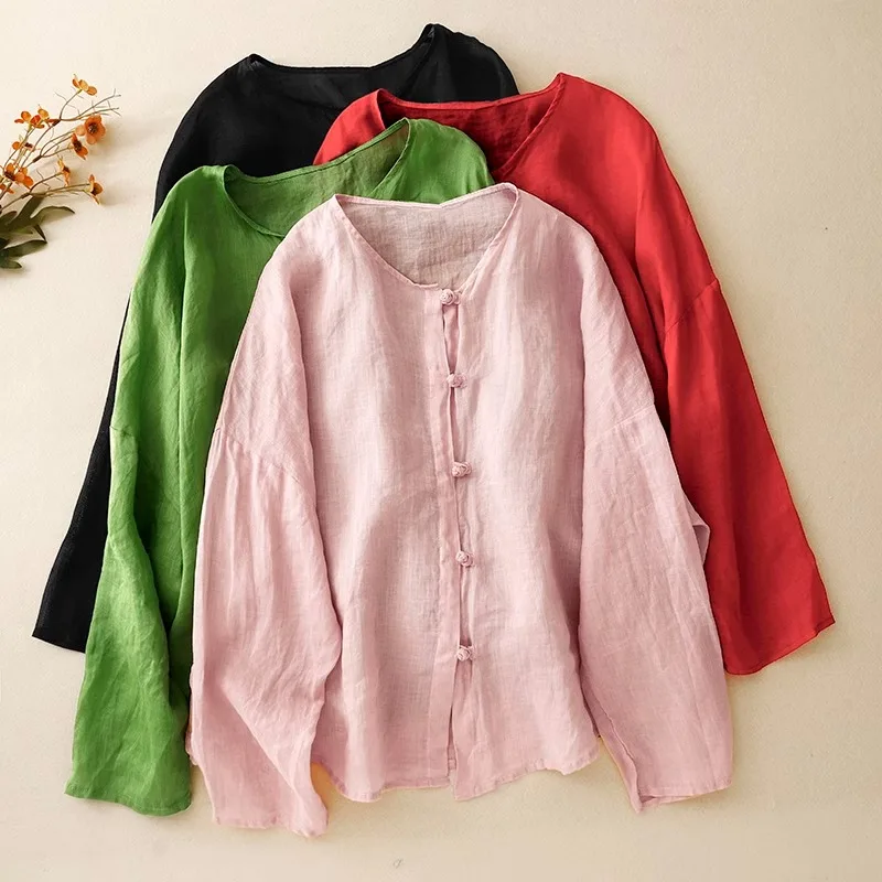 Retro Cotton Linen New Chinese Buckle Shirt Women's 2024 Summer Thin Long-sleeved Sunscreen Breathable  Tops  Blouses  Camisas