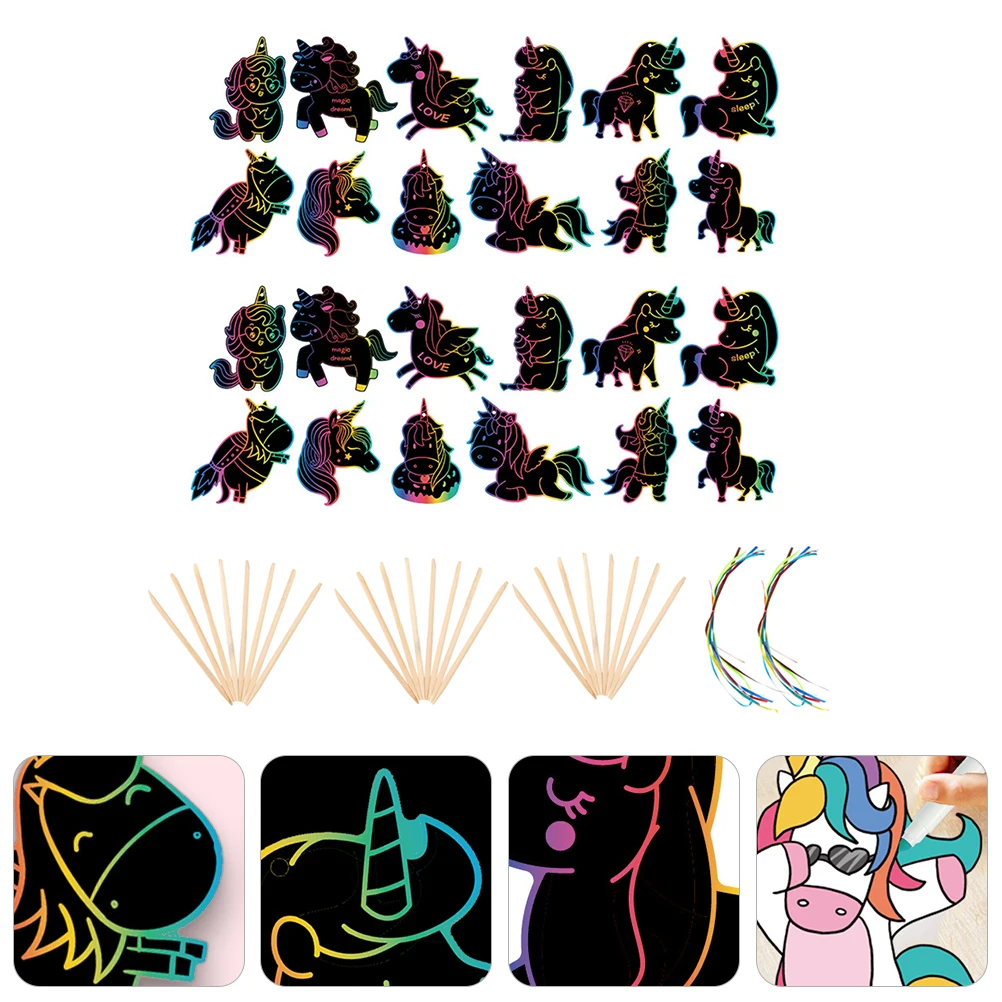 2 Sets Notes Unicorn Scratch Painting Child Toy Wooden Stick Cartoon Scratchboard