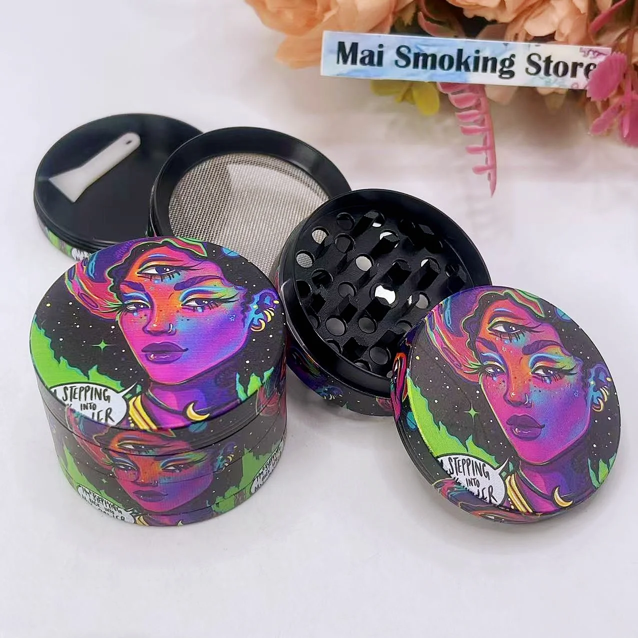 2インチ女神ハーブグラインダー、金属製4層手動ペッパーソルトモルタル、スパイスミル、草、生タバコグラインダー、喫煙用具