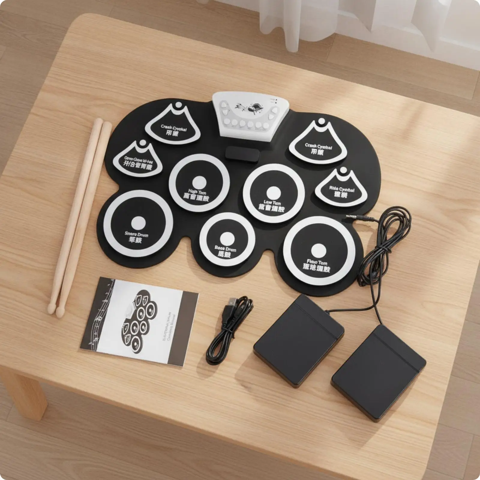 Quiet Practice Electronic Drum Pad for Children with Two Foot Pedals Portable Percussion Training Set Black Silicone