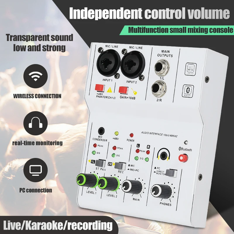 Likheung 2 Channels Professional portable Audio Interface sound card console mini USB MIXER for Guitar Recording Studio Singing