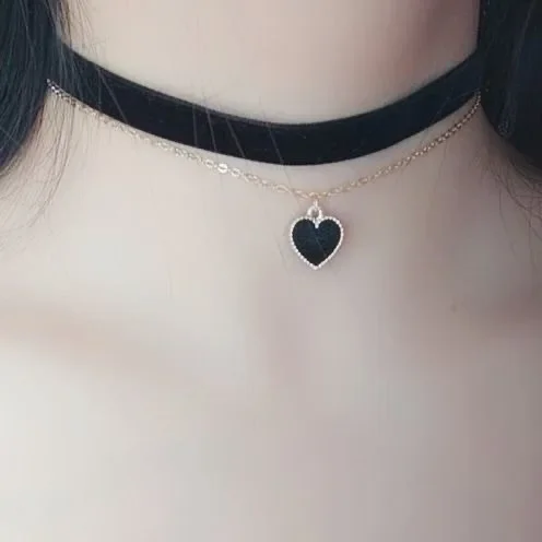 New Year Wine Red Heart Choker Double Layer Necklace Lock Bone Chain Neck Band Velvet Heart Necklace Gift