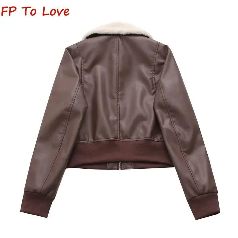 Y2K Mirad Autumn Winter Hair Collar Short Brown Large Pocket PU Jacket Retro Waisted Spice Girls Biker Jacket