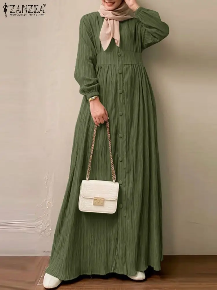 

Spring Elegant Maxi Dresses Muslim Fashion Hijab Dress Islamic Turkey Dubai Abaya ZANZEA Casual Long Sleeve Solid Vestidos Robe