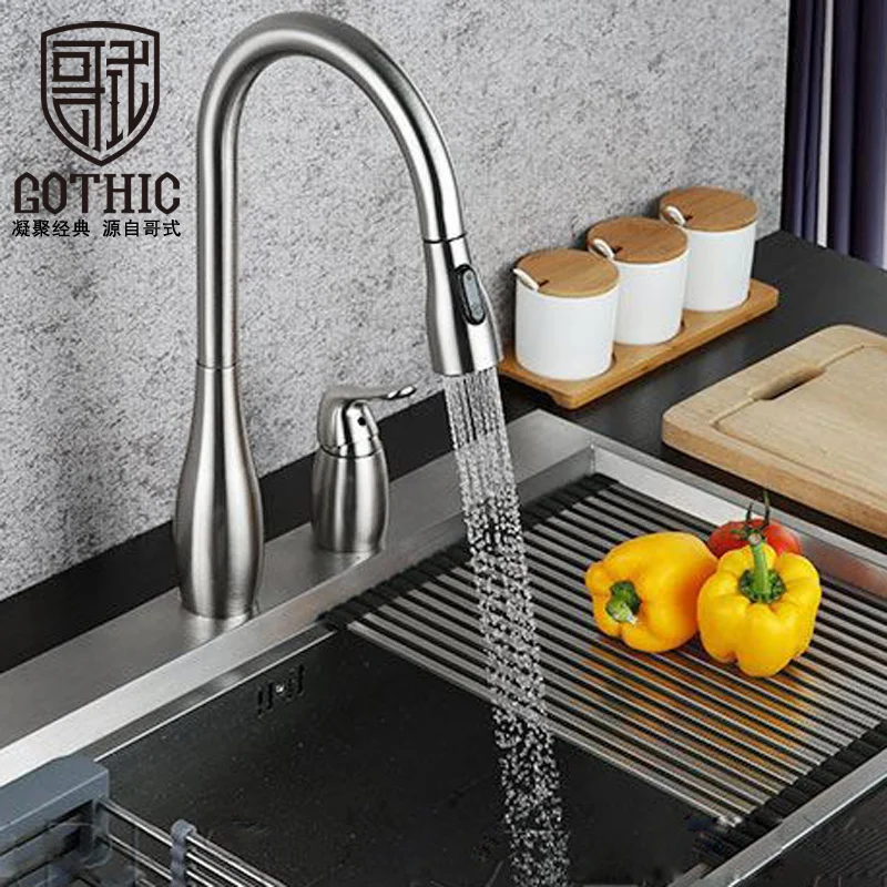 Modern Luxury Kitchen Faucet Brass Material Double Hole Sink Faucet Rotatable Mixer Pull Out Kichen Hot&Cold Mixer Tap Gold