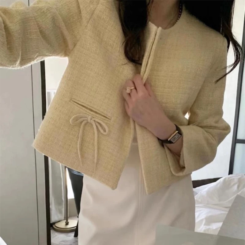 Matakawa เดี่ยวปุ่มผู้หญิงแจ็คเก็ต Bows เกาหลีแฟชั่น Chic Chaquetas Mujer ฤดูใบไม้ร่วงฤดูหนาว Elegant Simple Outwears