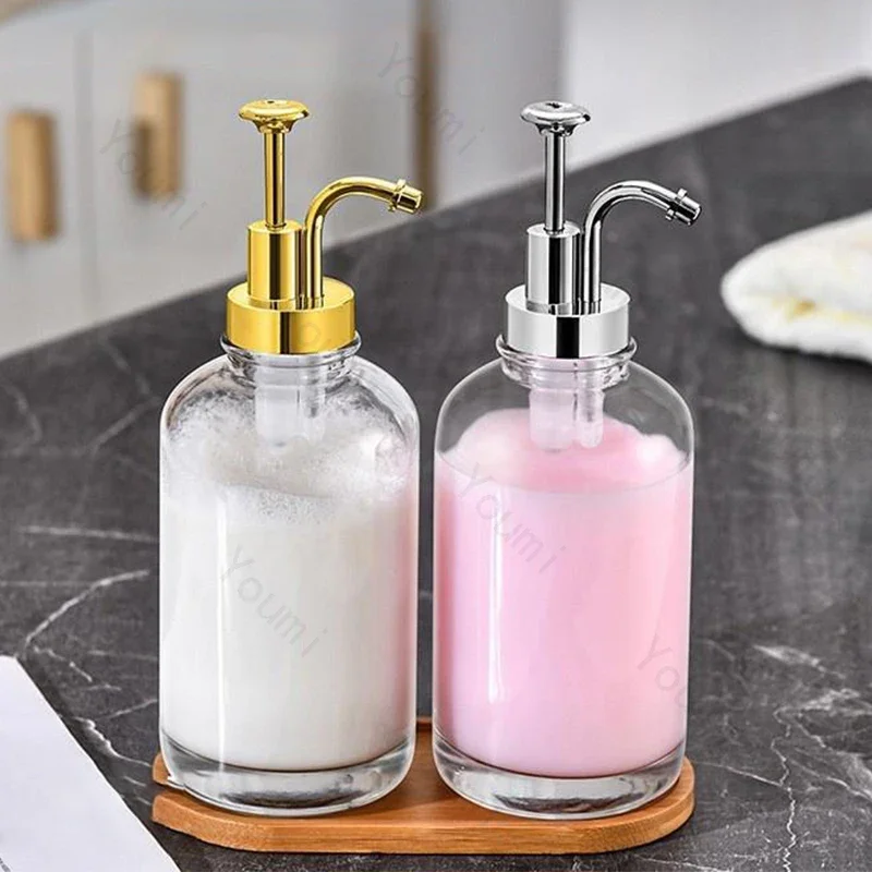 Transparent Glass Shampoo Bottle High End Home Hotel Hand Soap Bottle Press Type Hand Sanatizer Bottles Set Bathroom Accessories