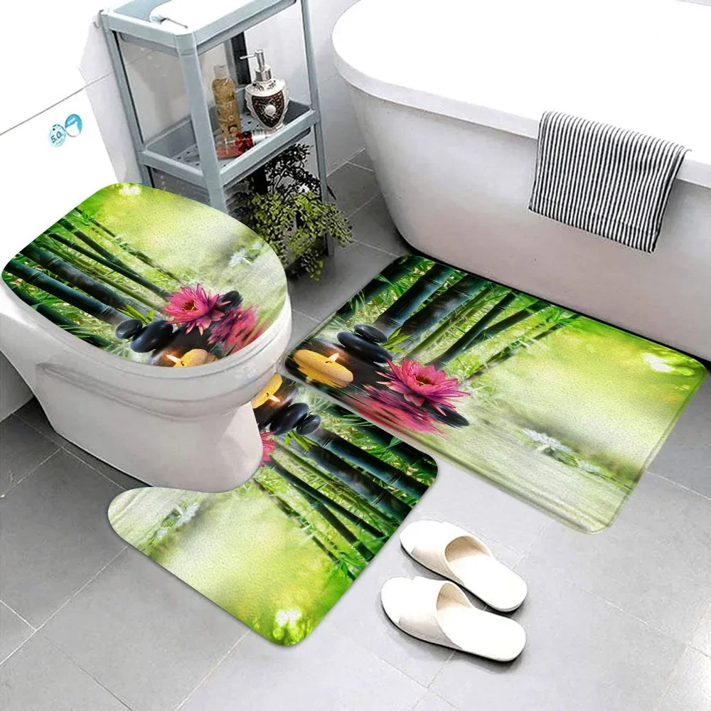 Zen Bathroom Rug Set Green Bamboo Meditation Black Pebbles Flowing Flannel Non-Slip Bath Mat Toilet Mat Toilet Decor Carpet Set