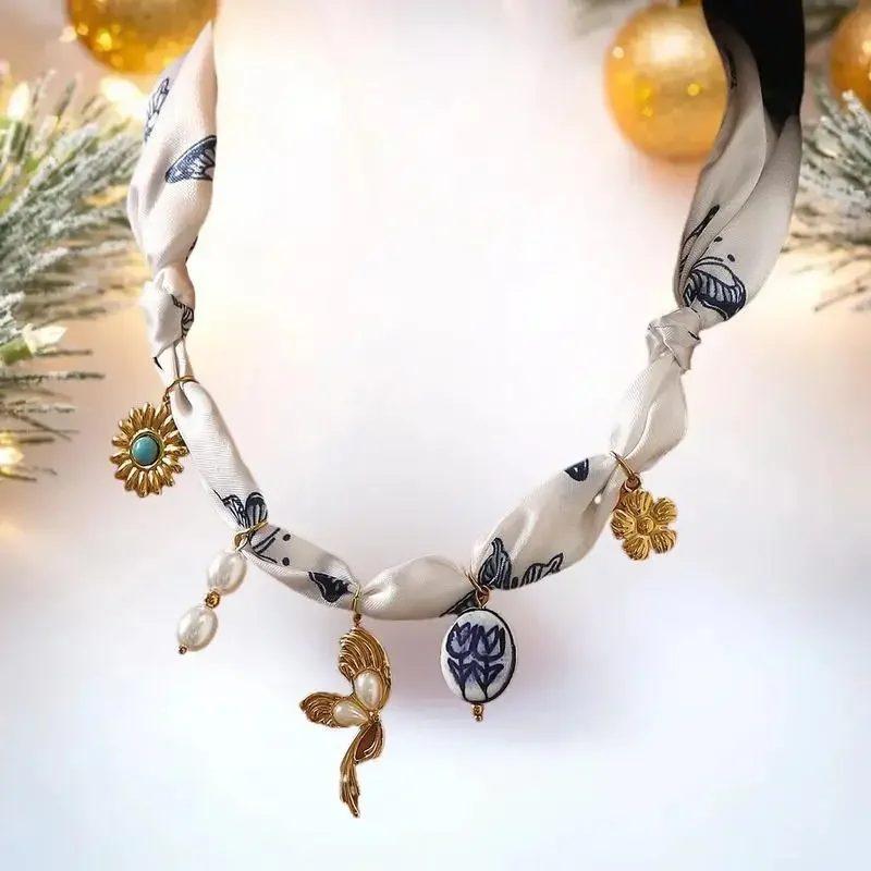 ホリデースタイル マルチチャーム スカーフネックレス ステンレススチール フラワーシェルペンダント デコレーション レディースジュエリー ギフト