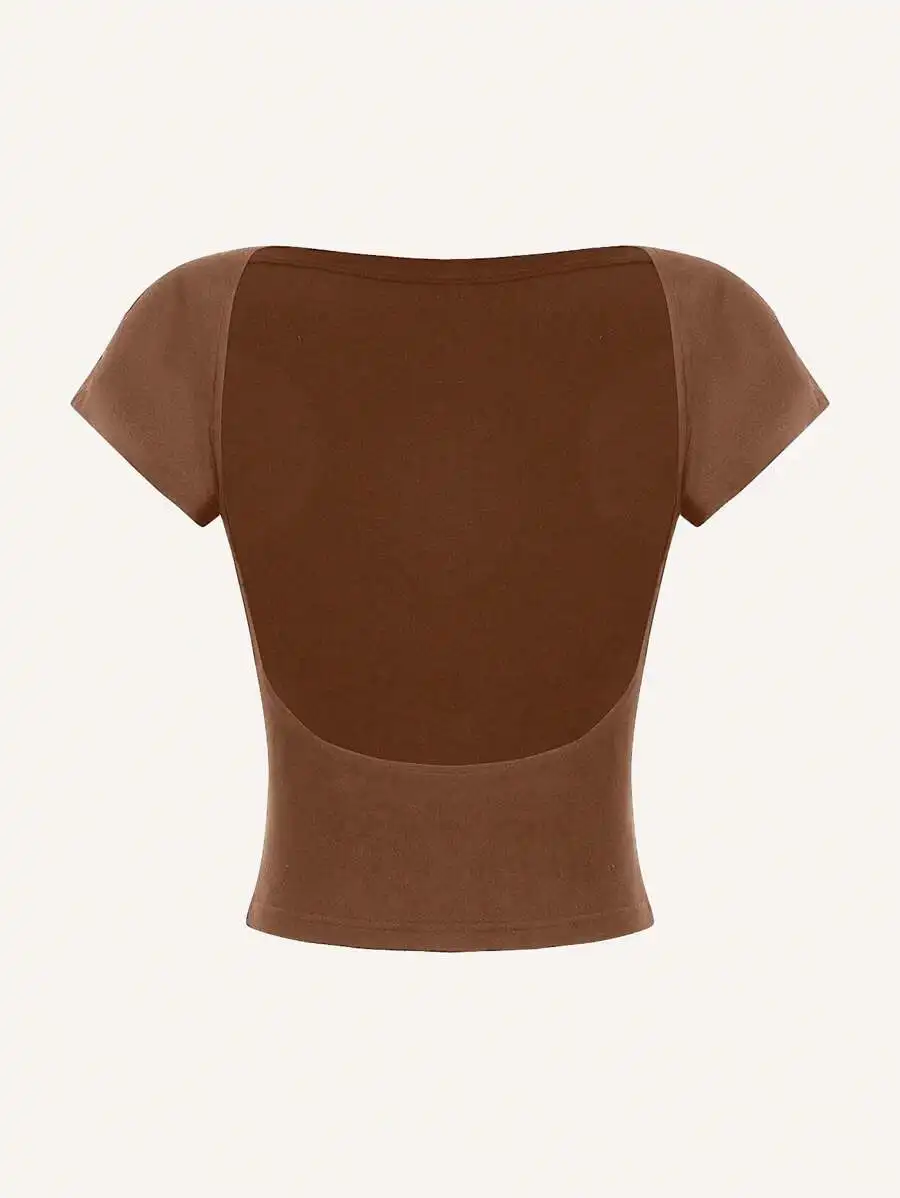 

Женский укороченный топ без спинки с коротким рукавом, однотонная коричневая повседневная футболка для лета
