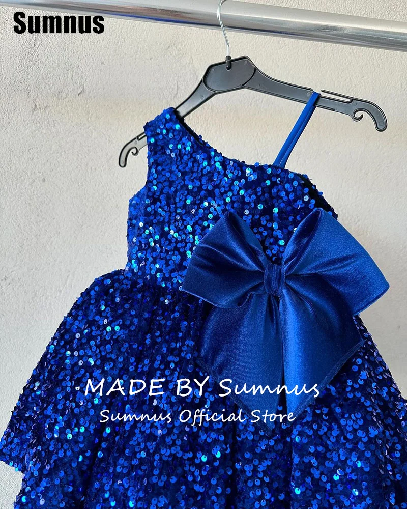 SUMNUS Blue Sequin A-Line Flower Girl Dresses Cute Bow Tiered O-Neck Knee-Length Sleeveless Wedding Occasion Gowns Customized